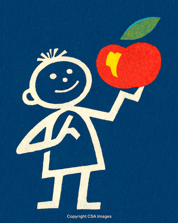 Illustration of a Smiling Character Holding a Red Apple on a Blue Background