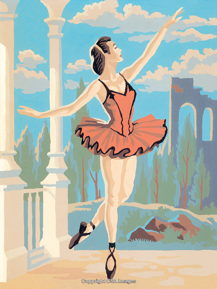 Graceful Ballerina in Red Tutu Painting with Scenic Outdoor Background