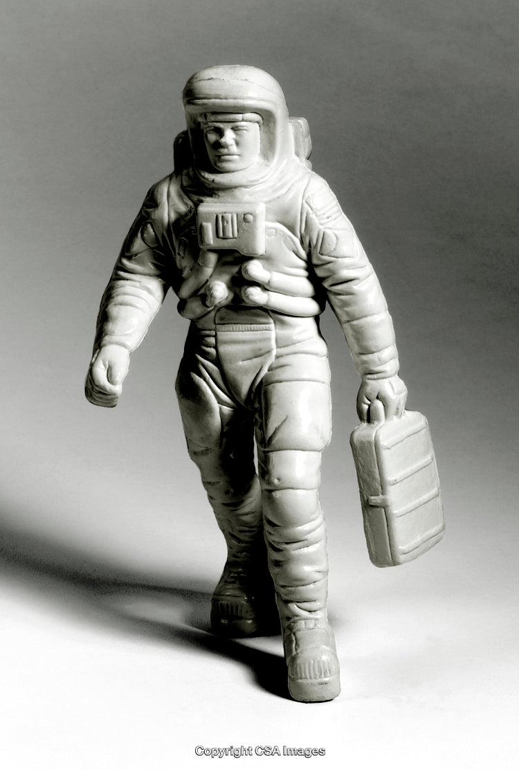 Monochrome Sculpture of Astronaut Carrying Equipment in Space-Themed Display