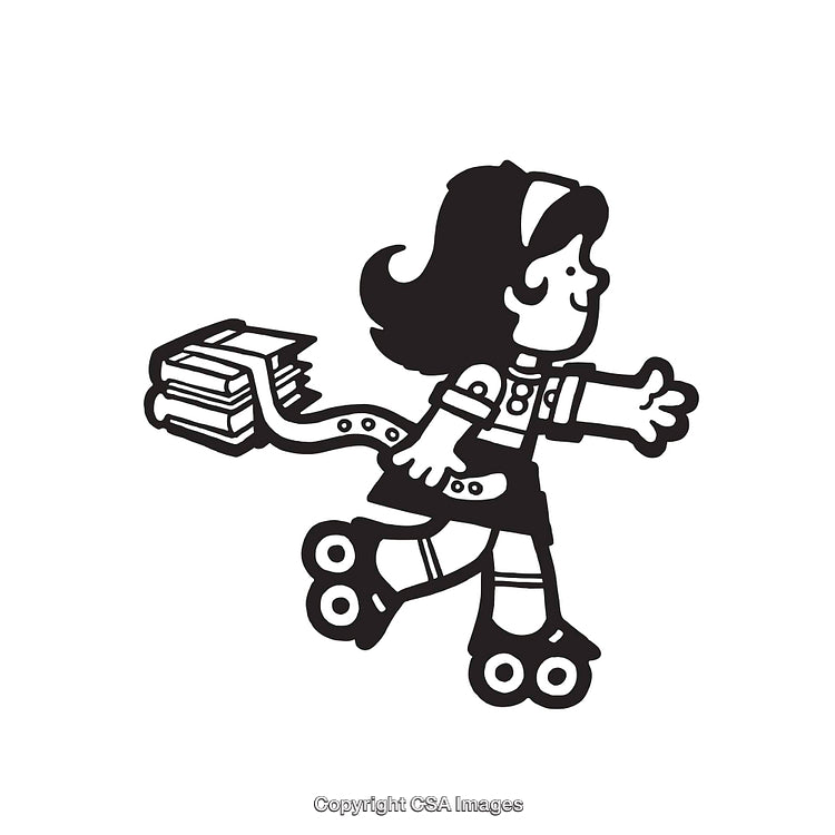 Black and White Line Art of a Girl on Roller Skates with Books