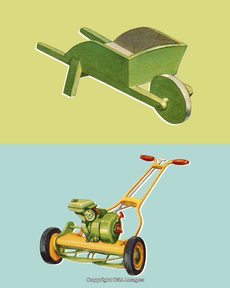 Vintage Illustration of a Wheelbarrow and Lawn Mower with Retro Aesthetic
