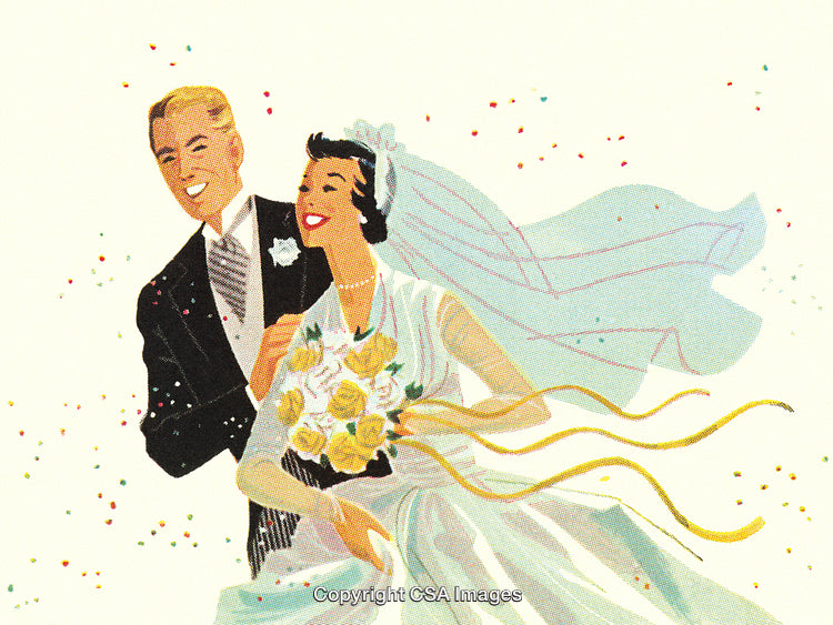 Vintage Illustration of a Happy Bride and Groom With Wedding Bouquet