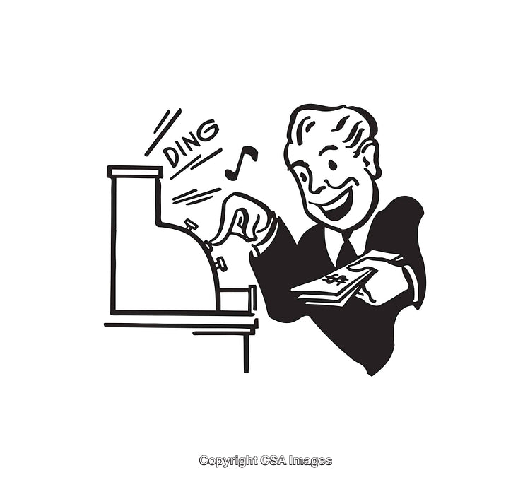 Black and White Line Art of Smiling Man Using a Cash Register