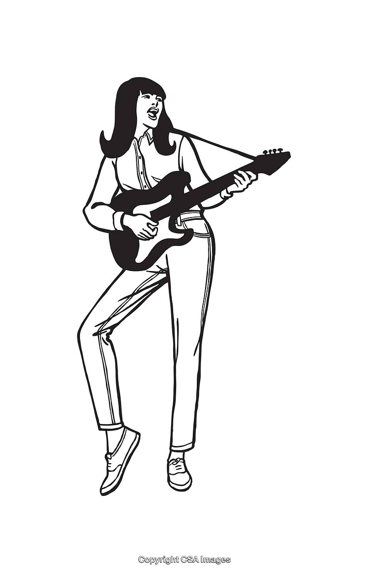 Black and White Illustration of Woman Playing Electric Guitar Energetically
