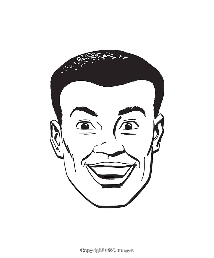 Excited Male Character in Black and White Line Art Drawing Style