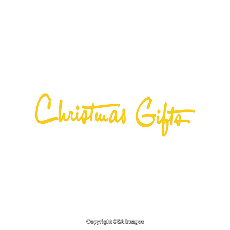 Yellow Scripted Text Highlighting Christmas Presents on a White Background