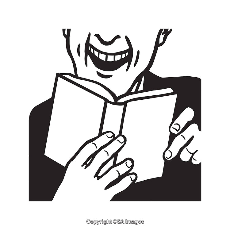 Black and White Drawing of a Smiling Person Reading a Book