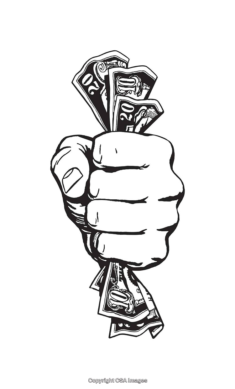 Hand Holding Dollar Bills in Bold Line Art Illustration