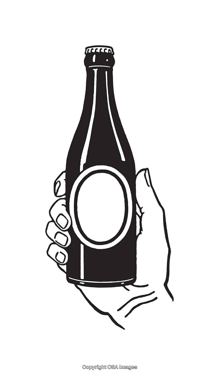 Black and White Line Art of Hand Holding a Beverage Bottle