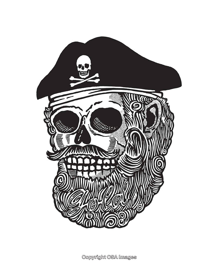 Stylized Pirate Skull Illustration with Beard and Hat in Monochrome