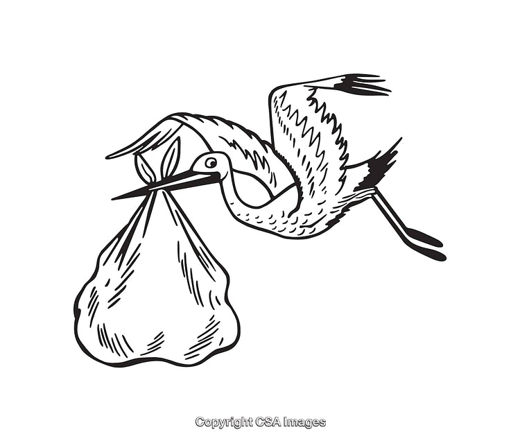 Black and White Line Art Stork Flying with a Baby Bundle
