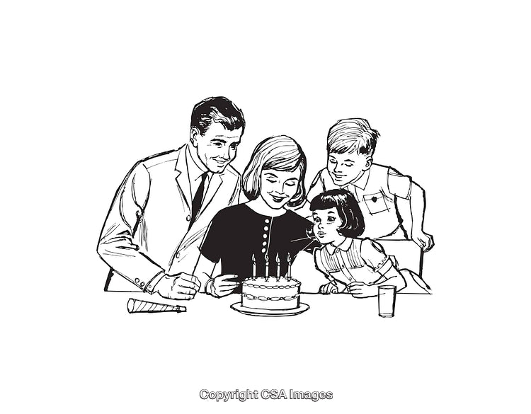 Family Celebrating Child's Birthday with Cake in Black-and-White Illustration