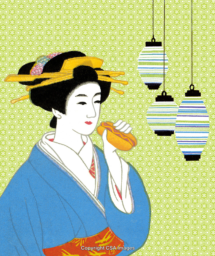 Traditional Japanese Artwork Featuring a Woman Enjoying a Modern Snack