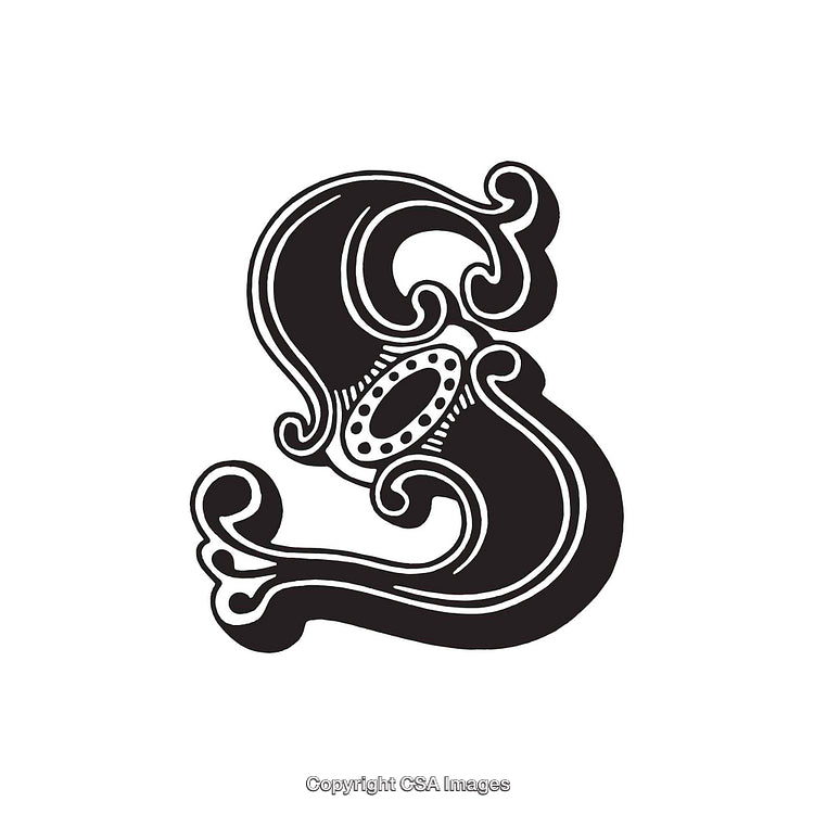 Ornate Decorative Letter S in Black and White Illustrative Style