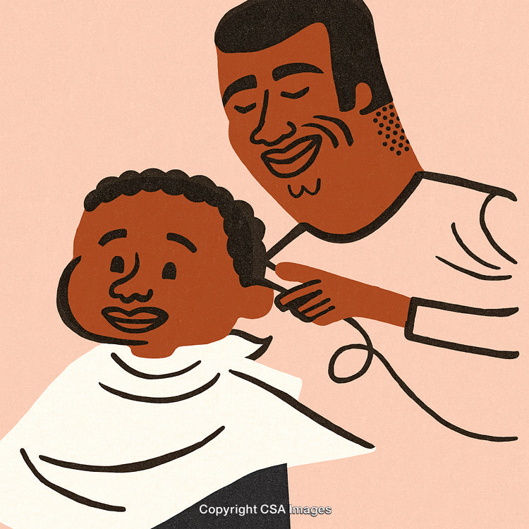 Illustration of a Barber Giving a Haircut to a Smiling Child