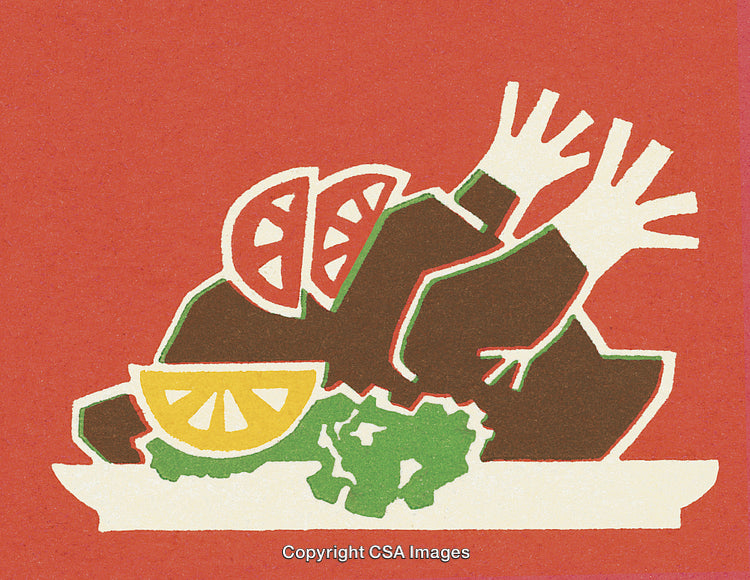 Artistic Illustration of a Plated Meal With Vegetables on a Red Background