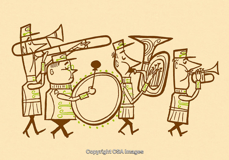 Whimsical Illustration of a Marching Band Performing in Uniforms