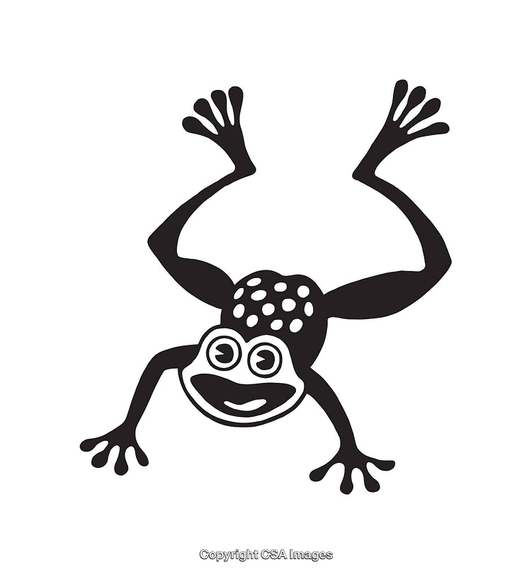Playful Black and White Cartoon Frog Illustration on White Background