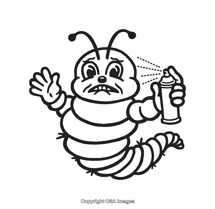 Cartoon Insect Spraying Aerosol Depicted in Black and White Line Art