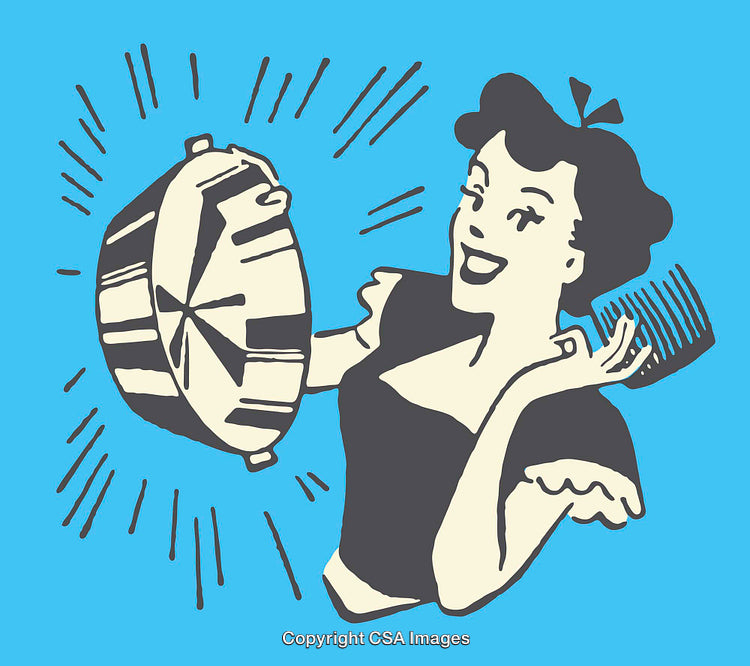 Retro Style Illustration of Woman Holding a Clock with Lively Expression
