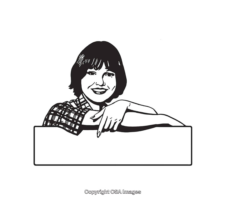 Black and White Line Art of Smiling Woman Resting on Blank Sign