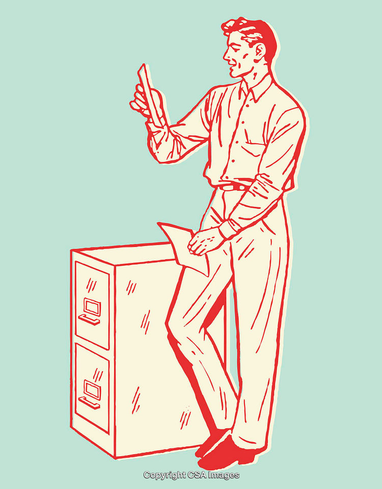 Retro Style Illustration of Person Standing by Filing Cabinet in Office