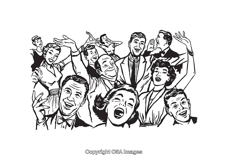 Group of Cheerful People Celebrating in Black and White Line Art