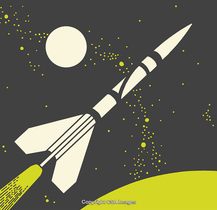 Retro Sci-Fi Rocket Against Starry Space Background