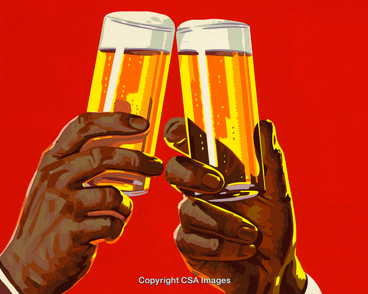 Cheers with Two Glasses of Beer on Bright Red Background Illustration