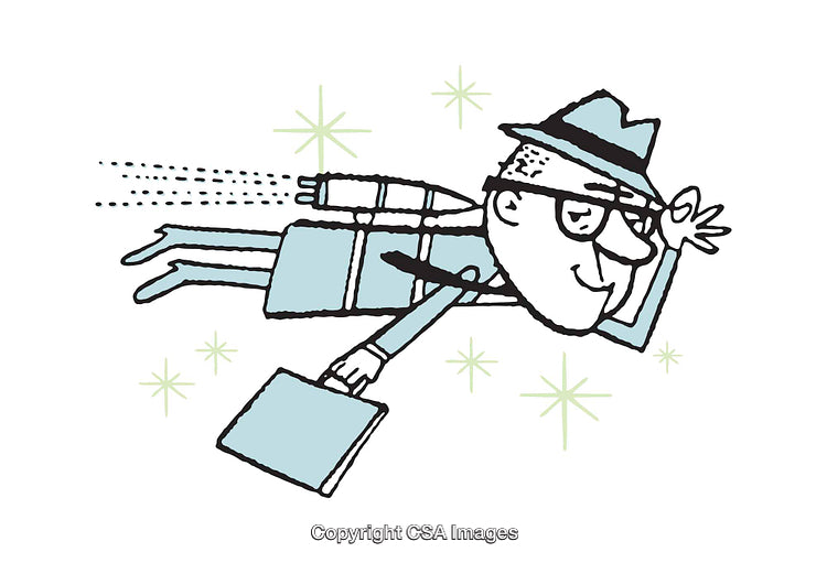 Retro Illustration of Businessman Flying With Jetpack and Briefcase