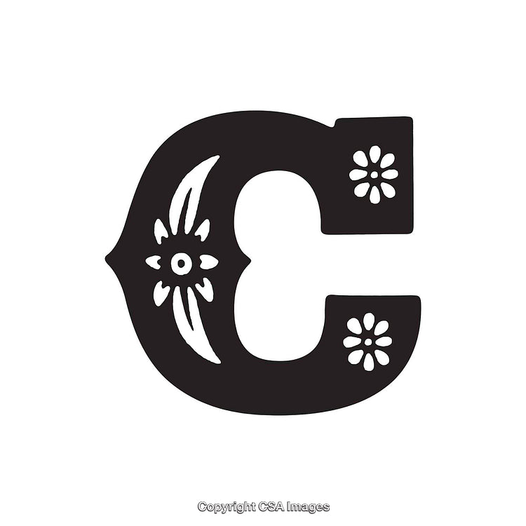 Elegant Letter C with Floral Decorative Design in Black and White