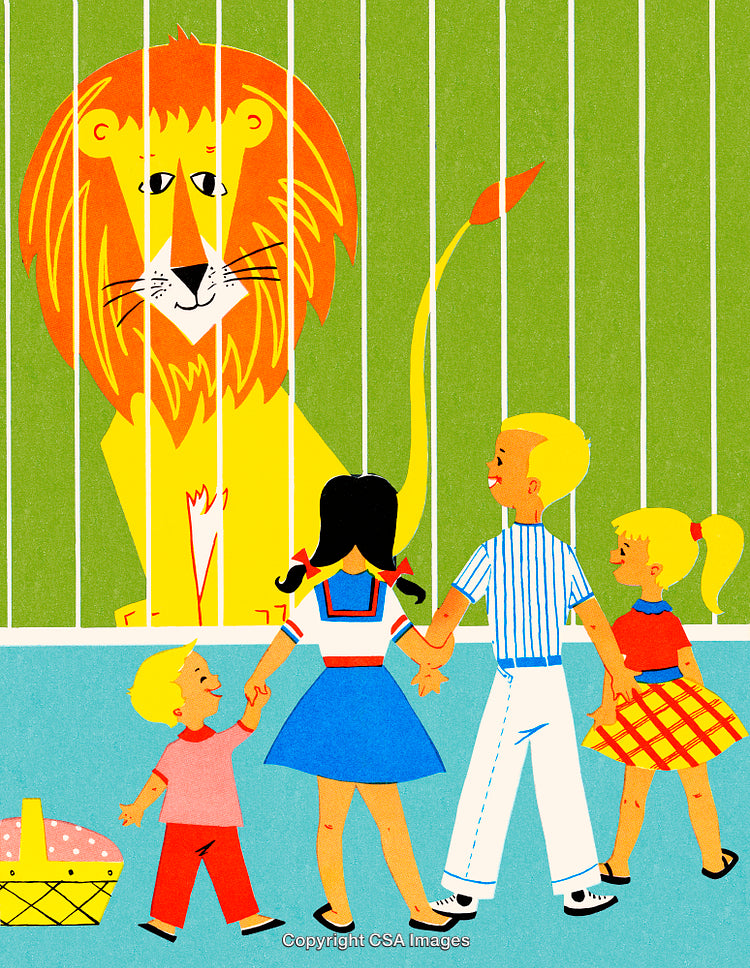 Illustration of Family Visiting a Lion Exhibit at the Zoo