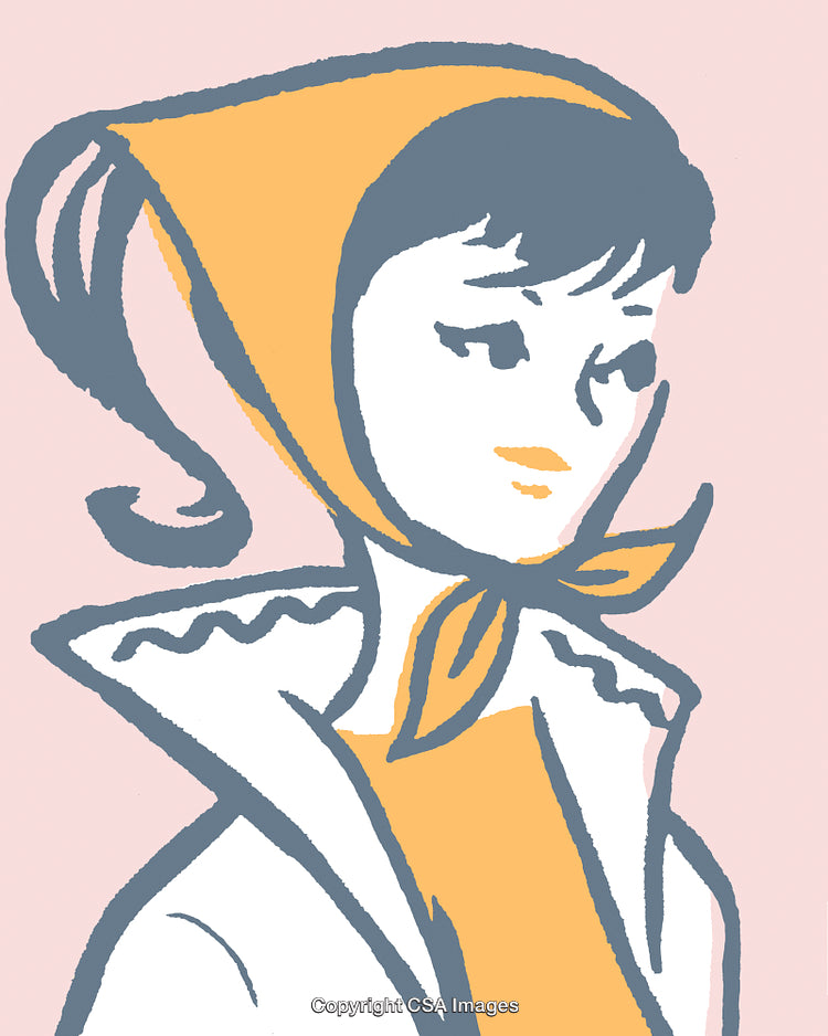 Stylized Portrait of Retro Woman Wearing Headscarf and Collar Design