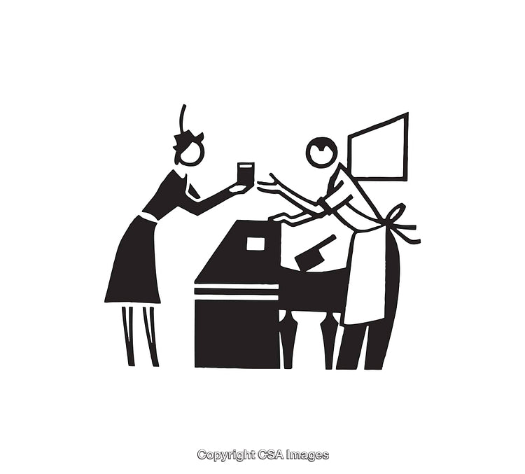 Minimalistic Black and White Illustration of a Transaction Scene