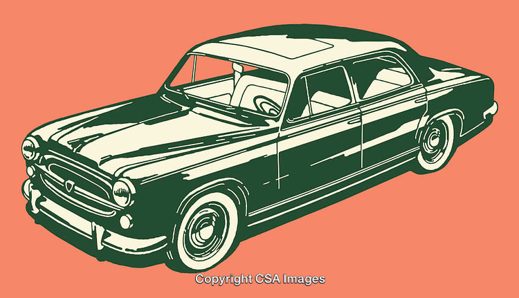 Vintage Car Illustration in Retro Color Scheme Featuring Green and Salmon