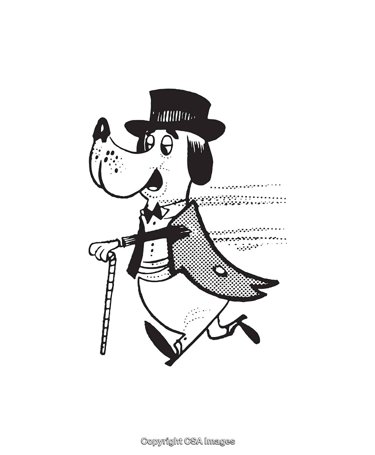 Vintage Line Art Illustration of a Classy Anthropomorphic Dog in Motion