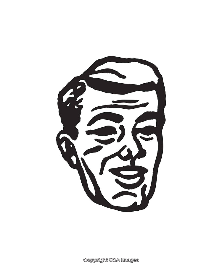Black and White Retro Line Art Illustration of Smiling Gentleman
