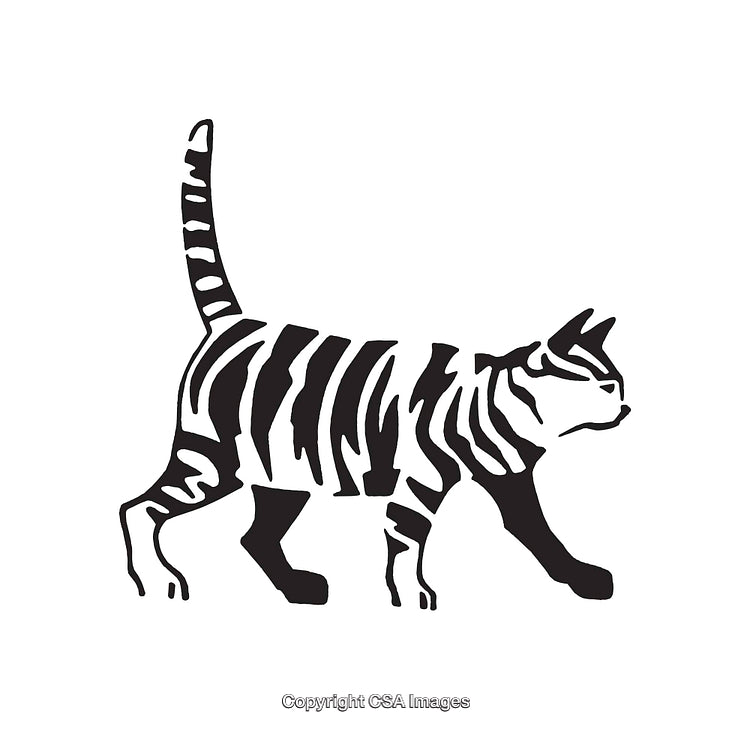 Black and White Line Art of a Striped Walking Cat Silhouette