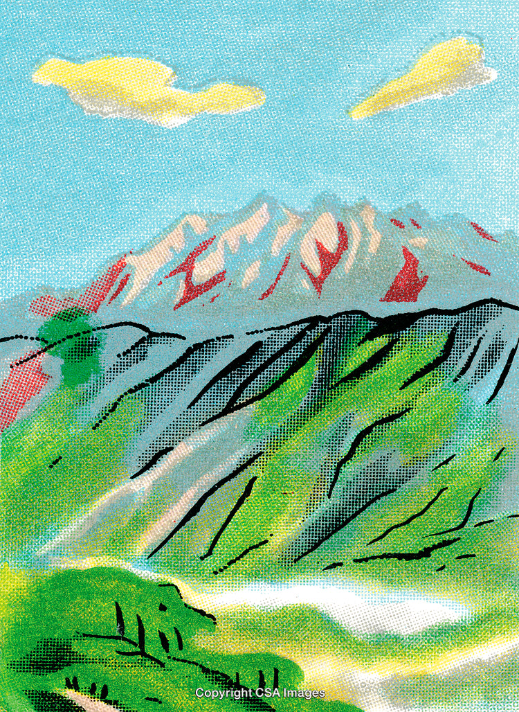Scenic Mountain Landscape With Blue Sky and Rolling Green Hills