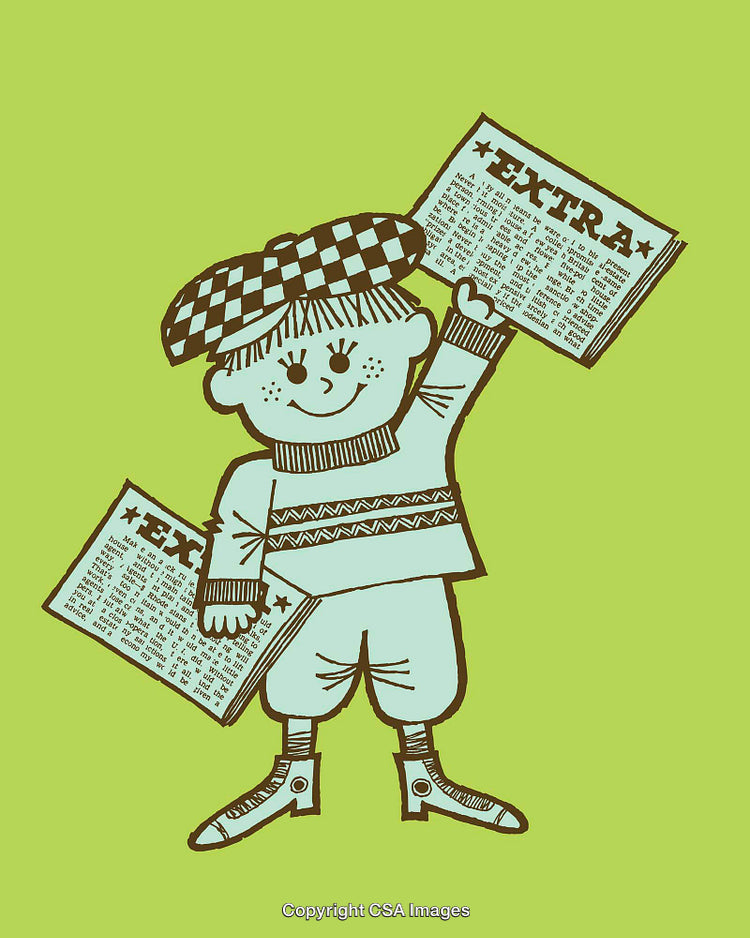 Vintage Cartoon Newsboy Holding Newspapers on Lime Green Background