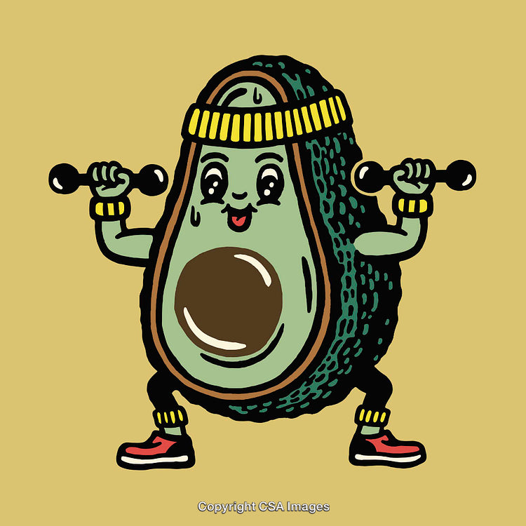 Cartoon Avocado Character Lifting Dumbbells in Fitness-Themed Line Art Illustration