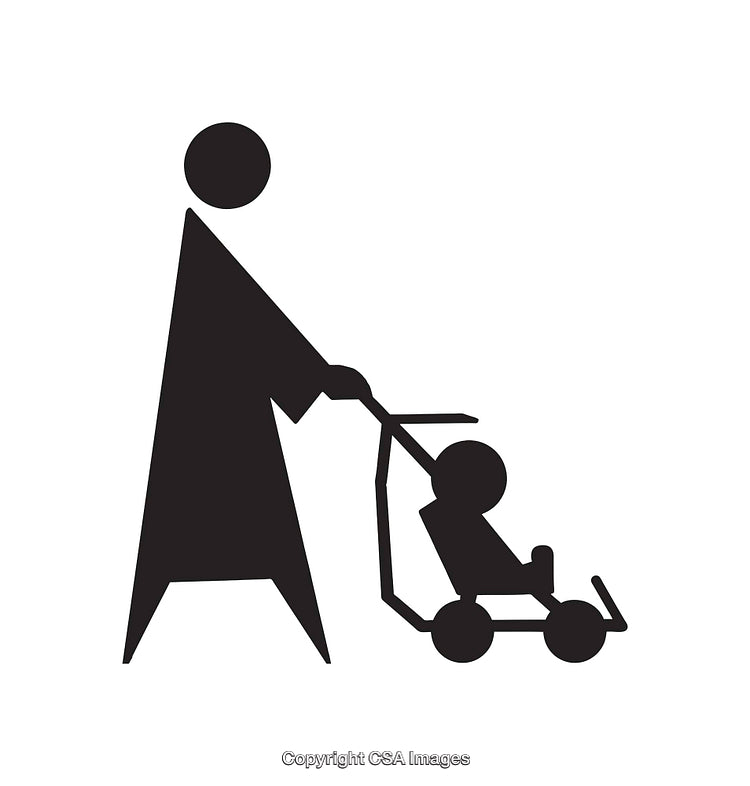 Black and White Icon of Adult Pushing a Baby in a Stroller