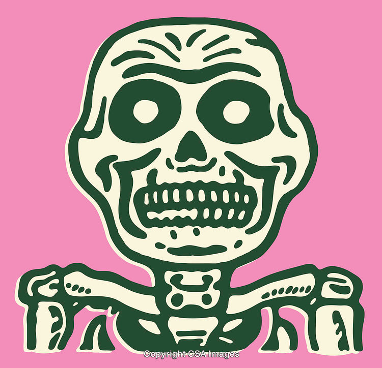 Vibrant Illustrated Skeleton Art Over a Bright Pink Background