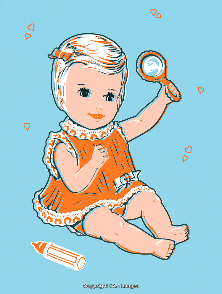 Vintage Style Illustration of a Cute Baby Girl with a Toy Mirror