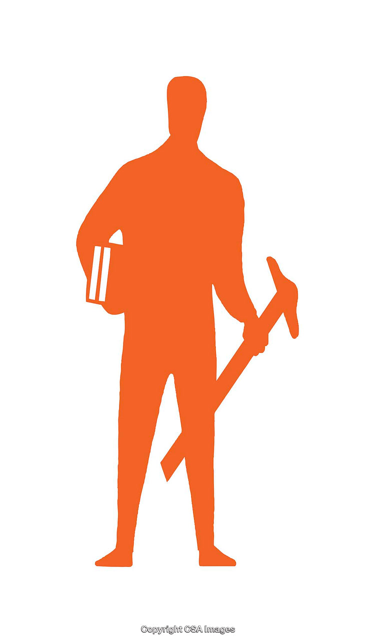 Silhouette Icon of Person Holding Tool and Book in Orange