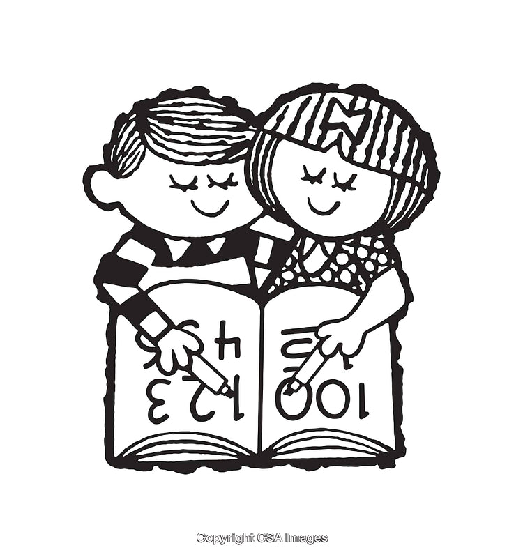 Black and White Line Art of Children Learning Together in Open Book