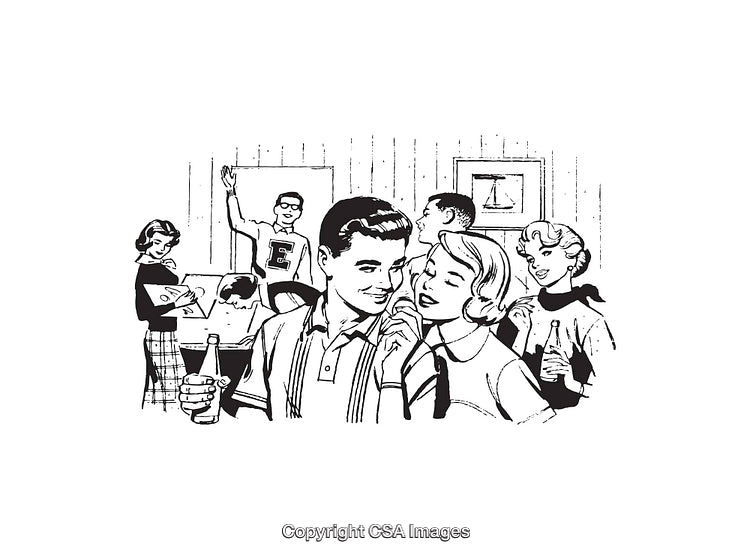 Retro Social Gathering with Friends in Black and White Line Art