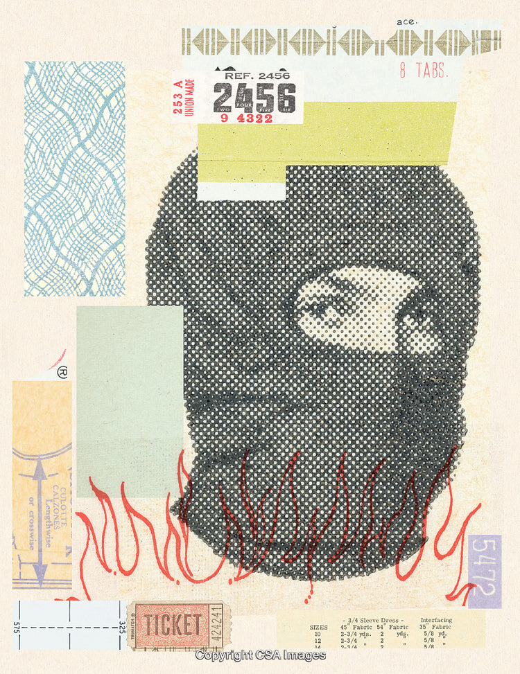 Abstract Collage Featuring Layers of Icons, Flames, and Vintage Documents