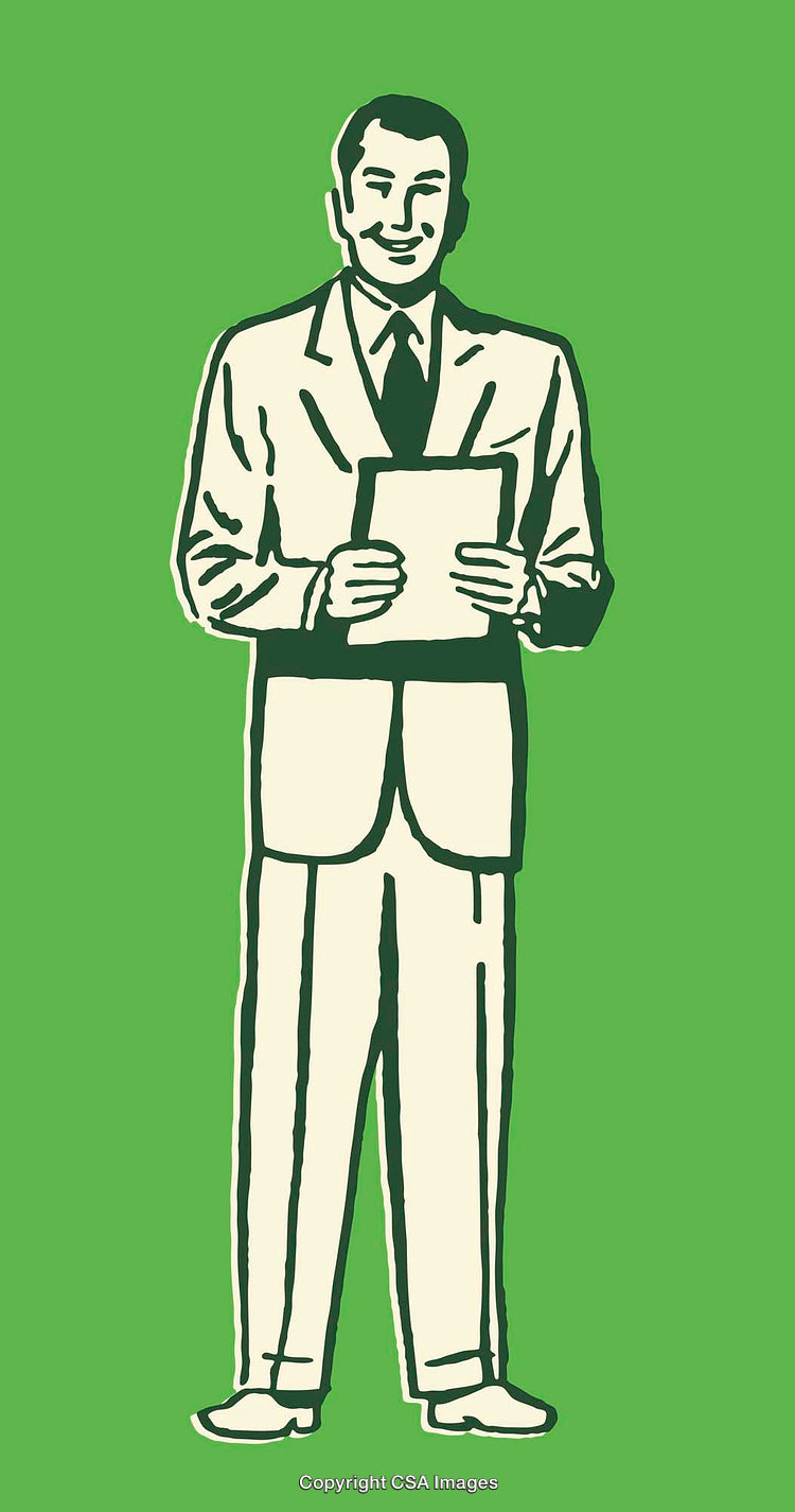 Vintage Illustration of Businessman Holding Document on Green Background