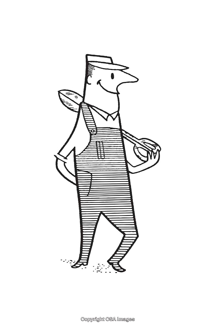Black and White Illustration of a Happy Worker Holding Gardening Tools
